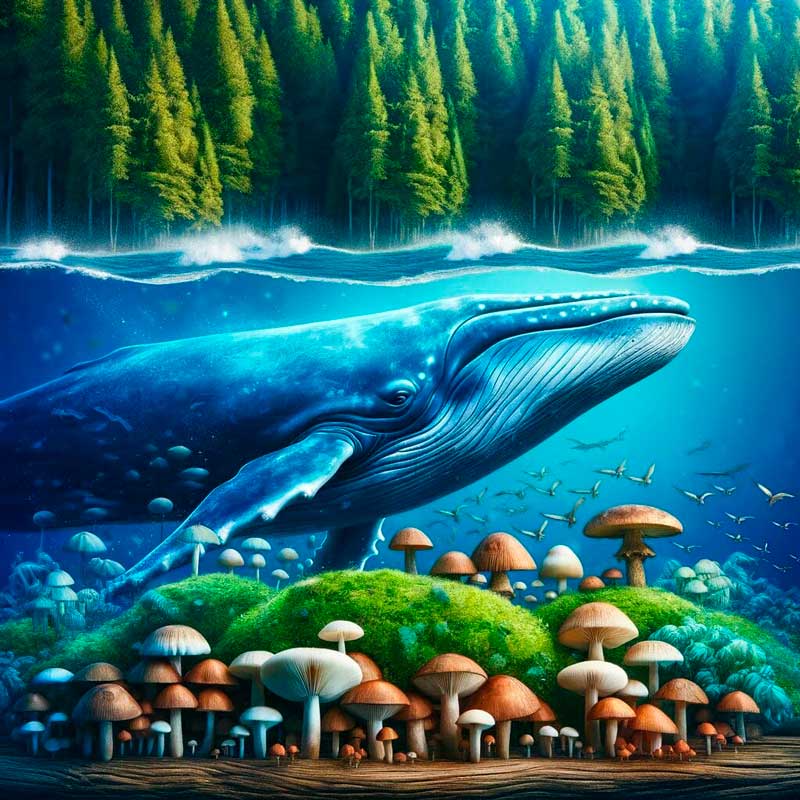 Blue whale in ocean and vibrant mushrooms in forest show Earth's diverse life.